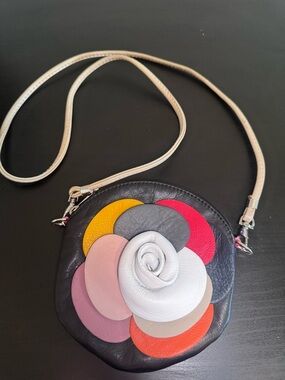 Black Leather Crossbody Bag with Multicolor Floral Accent